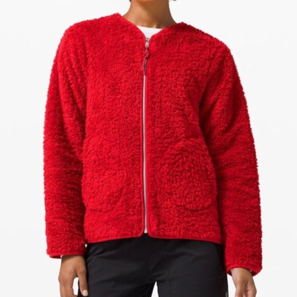 Lululemon Oh So Sherpa Fleece Full Zip Cozy Faux Fur Jacket in Dark Red Size 6 - Picture 1 of 9